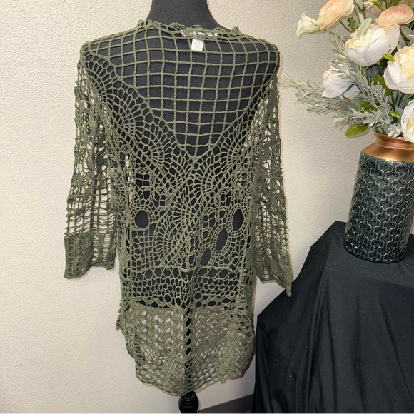 Cato Olive Green Crochet Knit Top Boho Sheer Long Sleeve Festival 14/16W - Picture 3 of 8